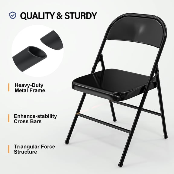 Zimtown Set of 4 Folding Chairs, Heavy Duty Metal Portable Chairs, Metable Frame 350 Lbs Heavy Duty Dining Chairs for Party, Conference, Picnic, Black
