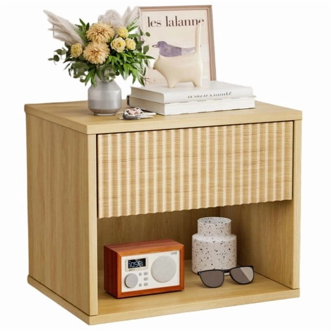 Zimtown Fluted Floating Nightstand Set of 1, End Table Wooden Bedside Table Large Capacity Easy to Assemble, Oak