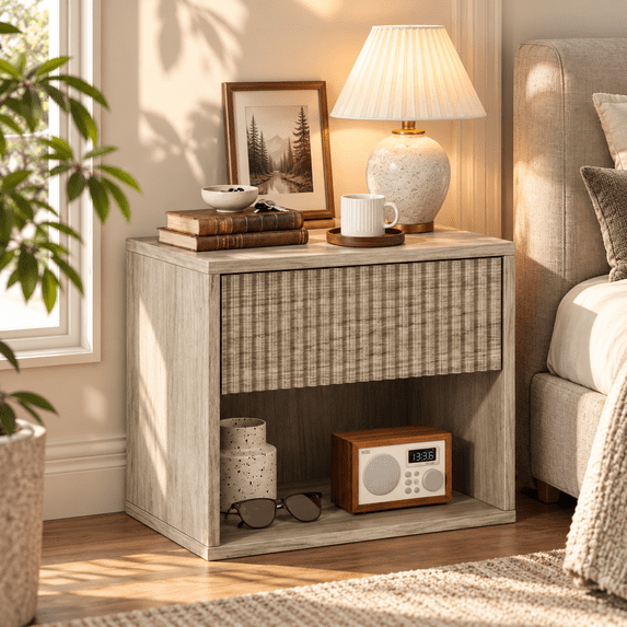 Zimtown Fluted Floating Nightstand Set of 1, End Table Wooden Bedside Table Large Capacity Easy to Assemble, Gray