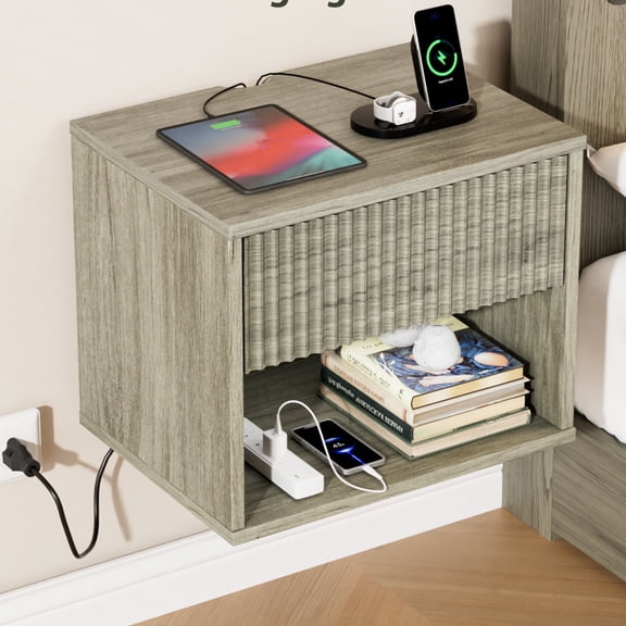 Zimtown Fluted Floating Nightstand Set of 1, End Table Wooden Bedside Table Large Capacity Easy to Assemble, Gray