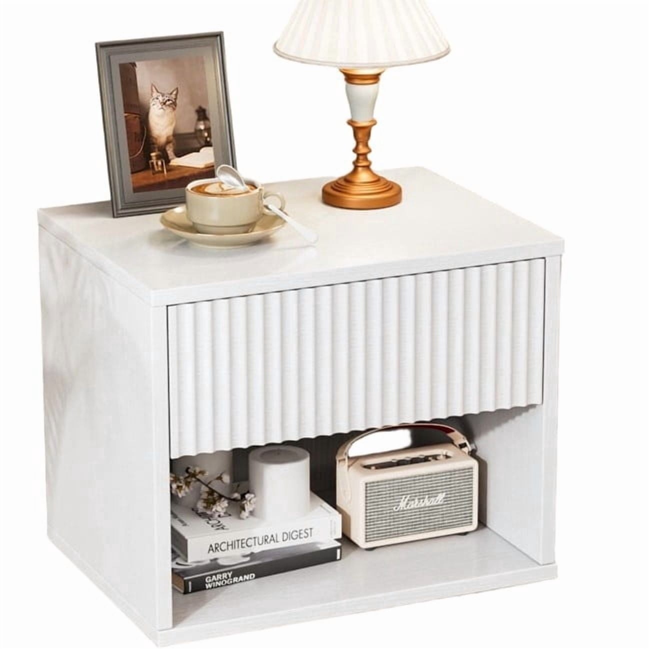 Zimtown Fluted Floating Nightstand Set of 1, End Table Wooden Bedside Table Large Capacity Easy to Assemble, White