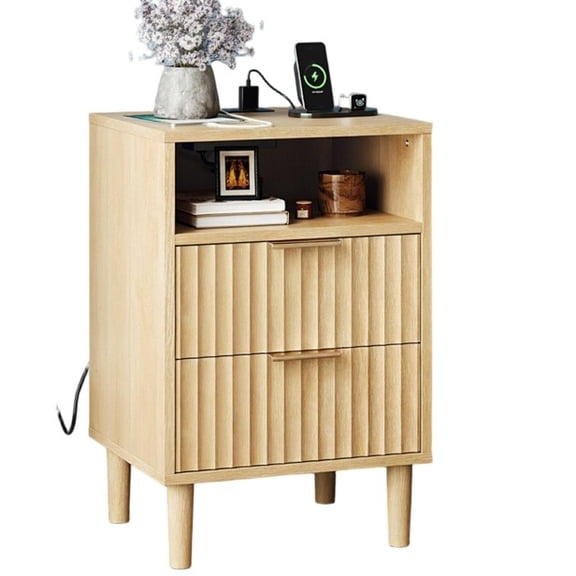 Ktaxon Nightstand with Charging Station, End Table Wooden Bedside Table Large Capacity Easy to Assemble, Wood