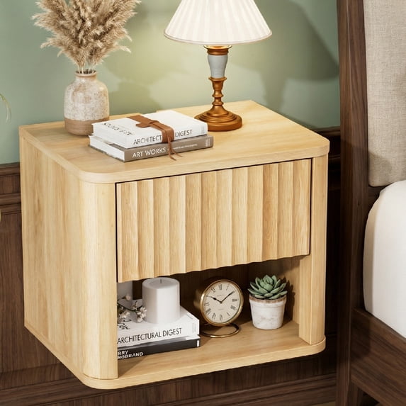 Zimtown Fluted Floating Nightstand Set of 1, End Table Wooden Bedside Table Large Capacity Easy to Assemble, Wood