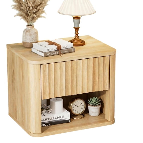 Zimtown Fluted Floating Nightstand Set of 1, End Table Wooden Bedside Table Large Capacity Easy to Assemble, Wood