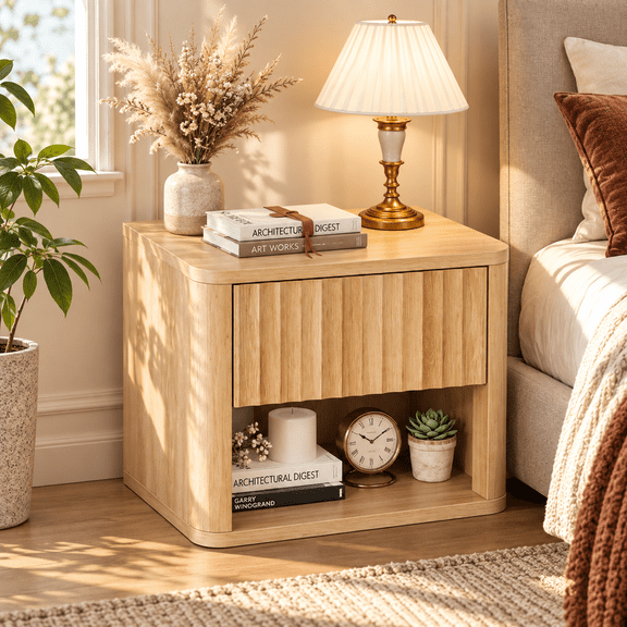 Zimtown Fluted Floating Nightstand Set of 1, End Table Wooden Bedside Table Large Capacity Easy to Assemble, Wood