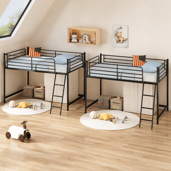Zimtown Set of 2 Junior Metal Twin Loft Bed, Black