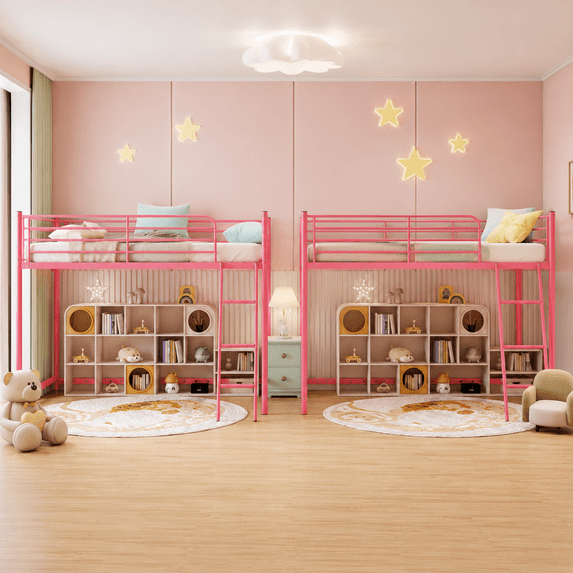 Zimtown Set of 2 Junior Metal Twin Loft Bed, Pink