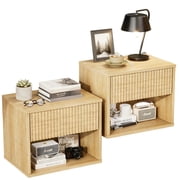 Zimtown Fluted Floating Nightstand Set of 2, End Table Wooden Bedside Table Large Capacity Easy to Assemble, Oak