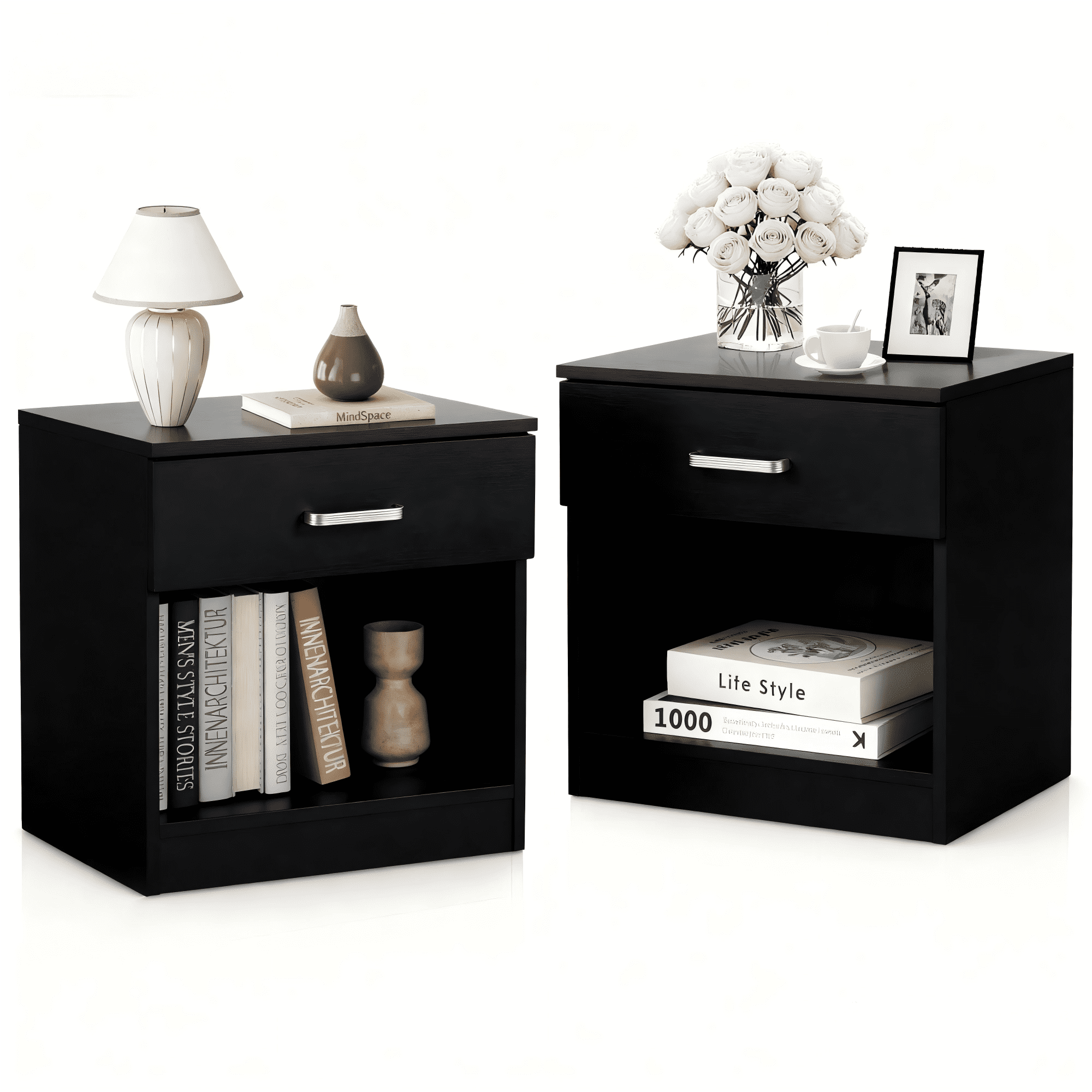 NODIA Color Base BLACK BK 2個セット Zimtown Black Nightstand Set of 2, Small Beside Tables with Drawer