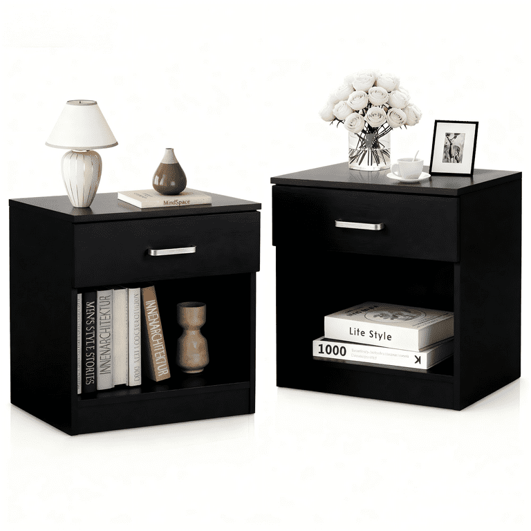 Zimtown Black Nightstand Set of 2, Small Beside Tables with Drawer