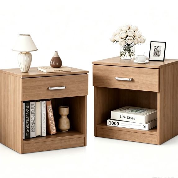 Zimtown Set of 2 Nightstand End Beside Table 1 Drawer Storage Organizer Room Furniture Brown