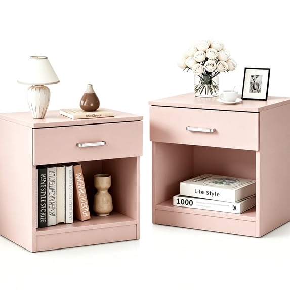 Zimtown Set of 2 Nightstand End Beside Table 1 Drawer Storage Organizer Room Furniture Pink