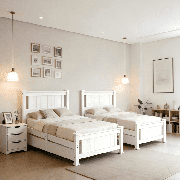 Zimtown Set of 2 Twin Bed Frame,Solid Pine Wood Platform Bed Frame with 2 Drawers, Bedroom Bed with Headboard, White