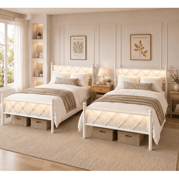 Zimtown Set of 2 Twin Bed Frame with Smart LED Light, Metal Platform Bed with Charging Station, White