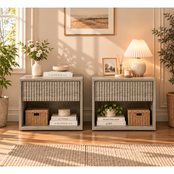 Zimtown Fluted Floating Nightstand Set of 2, End Table Wooden Bedside Table Large Capacity Easy to Assemble, Gray
