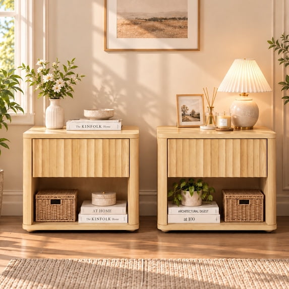 Zimtown Fluted Floating Nightstand Set of 2, End Table Wooden Bedside Table Large Capacity Easy to Assemble, Wood