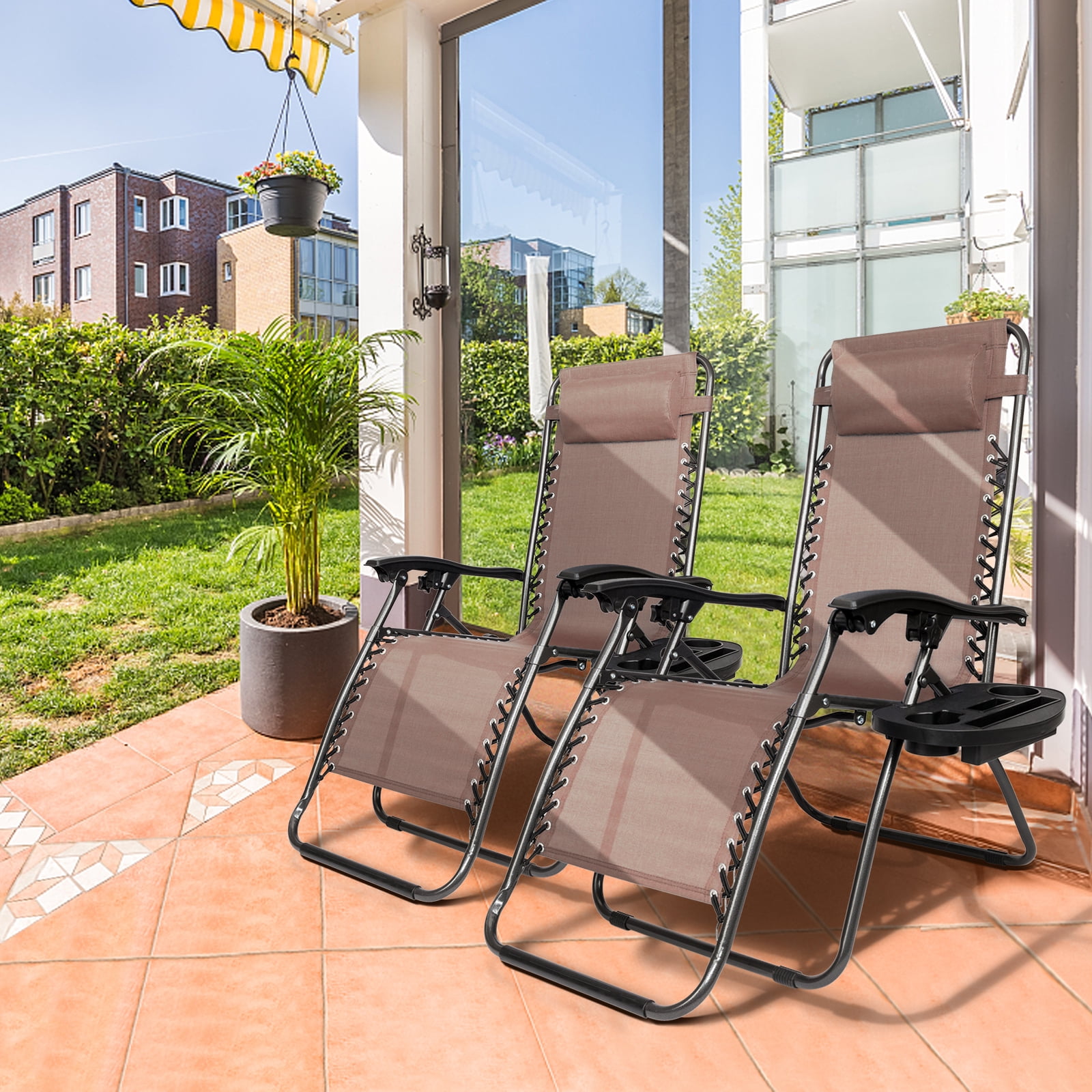 Zimtown Set of 2 Zero Gravity Chair Outdoor Folding Recliner w Cup Holder Lounge Chair for Beach