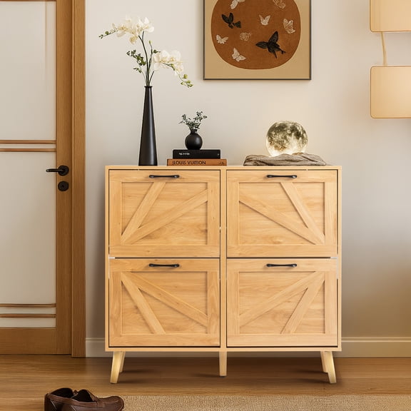 Zimtown Shoe Cabinet with 4 Flip Drawers, Modern Shoe Storage Cabinet for 24 Pairs, Shoe Rack Organizer for Entryway, Natural Color