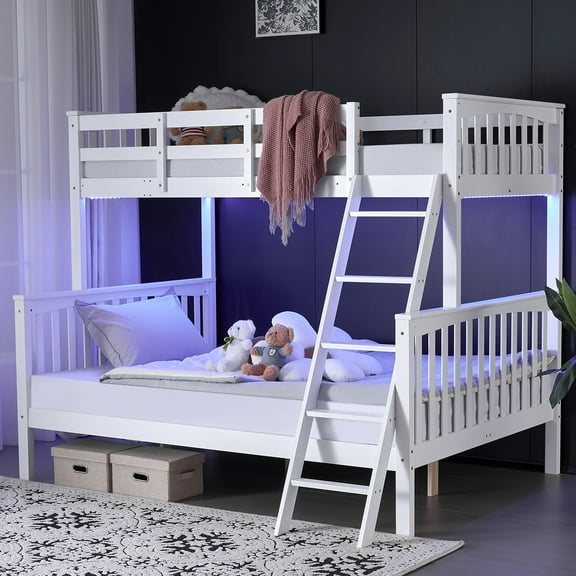 Zimtown Solid Wood Twin-over-Full Convertible Bunk Bed with Charging Station, White
