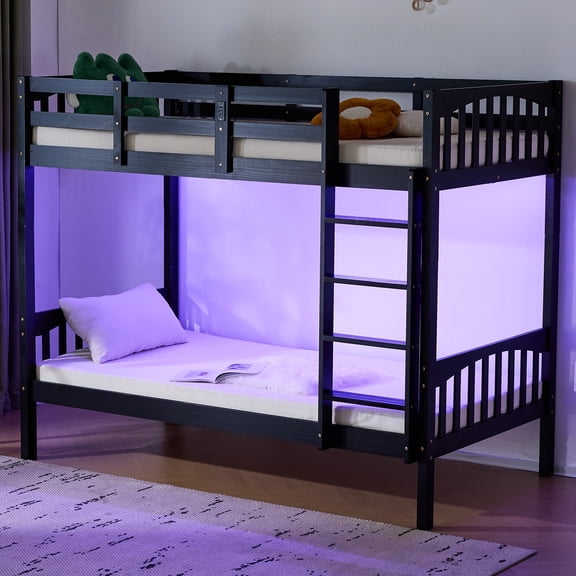 Zimtown Solid Wood Twin-over-Twin Convertible Bunk Bed, Bed Frame with Charging Station, Black