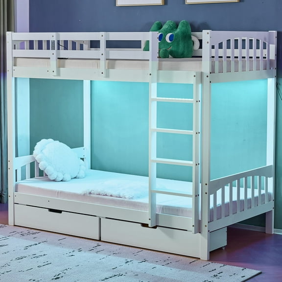 Zimtown Solid Wood Twin-over-Twin Convertible Bunk Bed with 2 Drawer, White