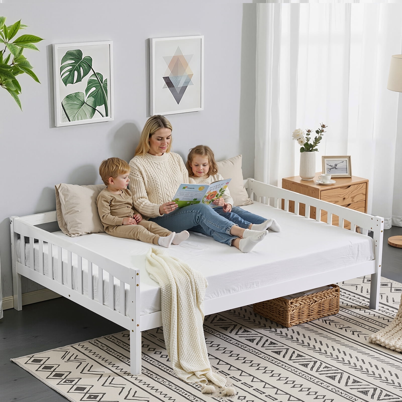 Zimtown Solid Wood Full Daybed with Storage Underneath, Day Bed Frame with Charging Station and Lights, White