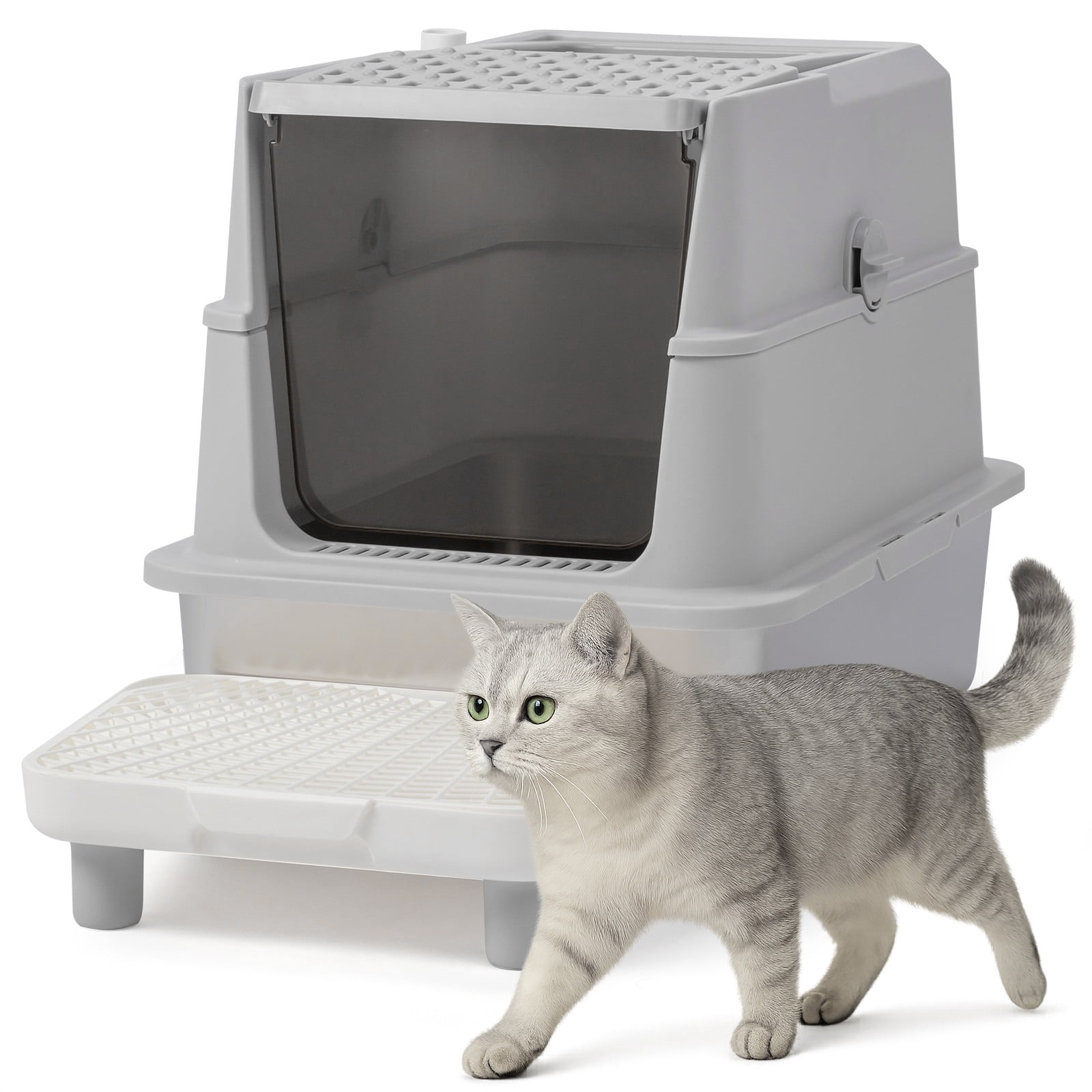 Zimtown Stainless Steel Cat Litter Box, 24x16x18in Anti-Leak Design with Scoop & Pedal, Gray