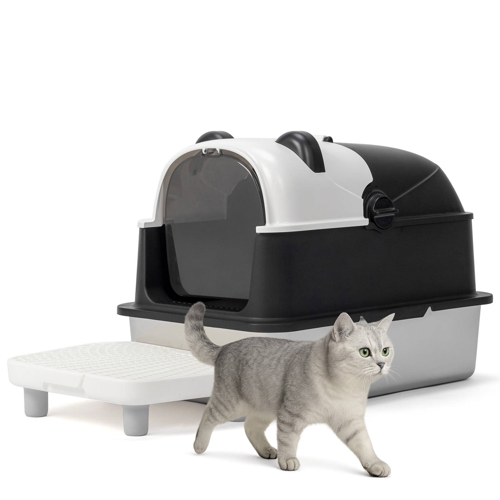 Zimtown Stainless Steel Panda Cat Litter Box, 60x40x46cm, Scoop & Filter, Anti-Leak, 3.9kg for Big Cats, Black White