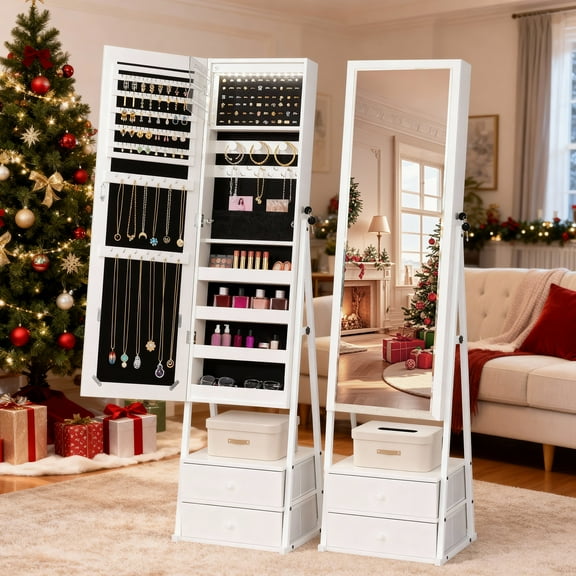 Zimtown Standing Jewelry Cabinet with Full Length Mirror - 2 Spacious Drawers & Makeup Storage Compartments, Freestanding Jewelry Organizer, White