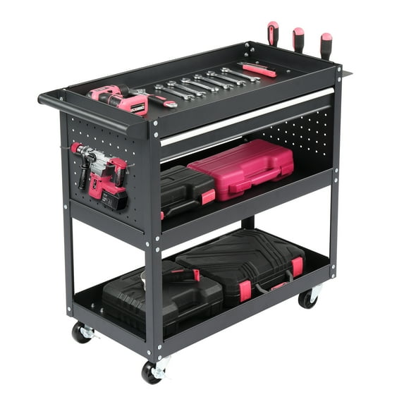 Zimtown Steel Rolling Service Tool Cart with 3 Tires, Heavy Duty Utility Cart on Wheels with Two Brake for Office, Kitchen, Warehouse, 330 lbs Capacity, Black