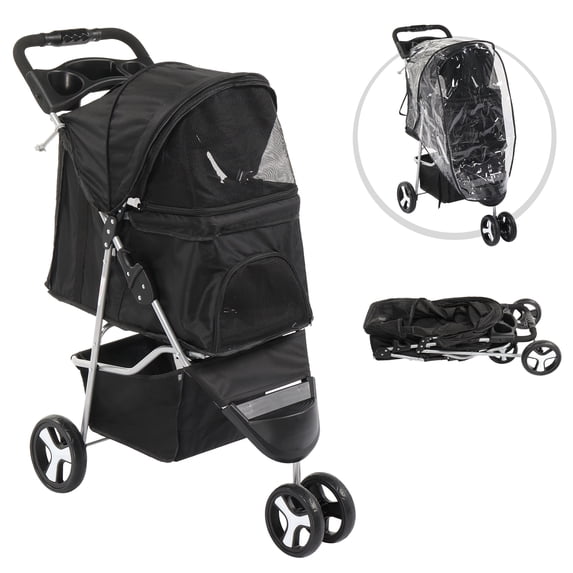 Zimtown 3-Wheel Pet Stroller for Dogs & Cats, Foldable with Cup Holder & Storage, Black