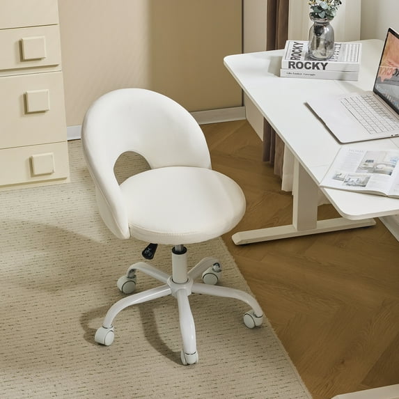 Zimtown Swivel Makeup Chair Accent Chair with Wheels, Comfy Linen Fabric Office Chair for Bedroom, White