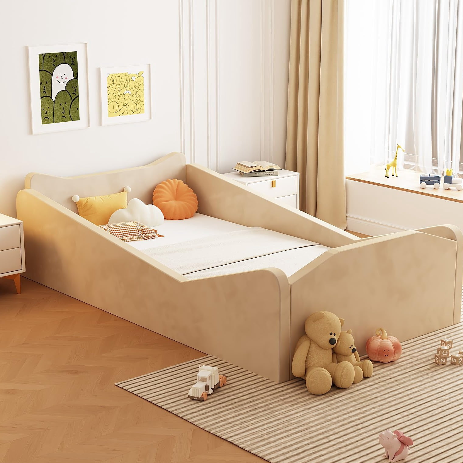 Zimtown Wood Bed, Floor Bed with Safety Guadrail, Montessori Bed with Soft Velvet Wood Bed, Mattress not Included (Beige)