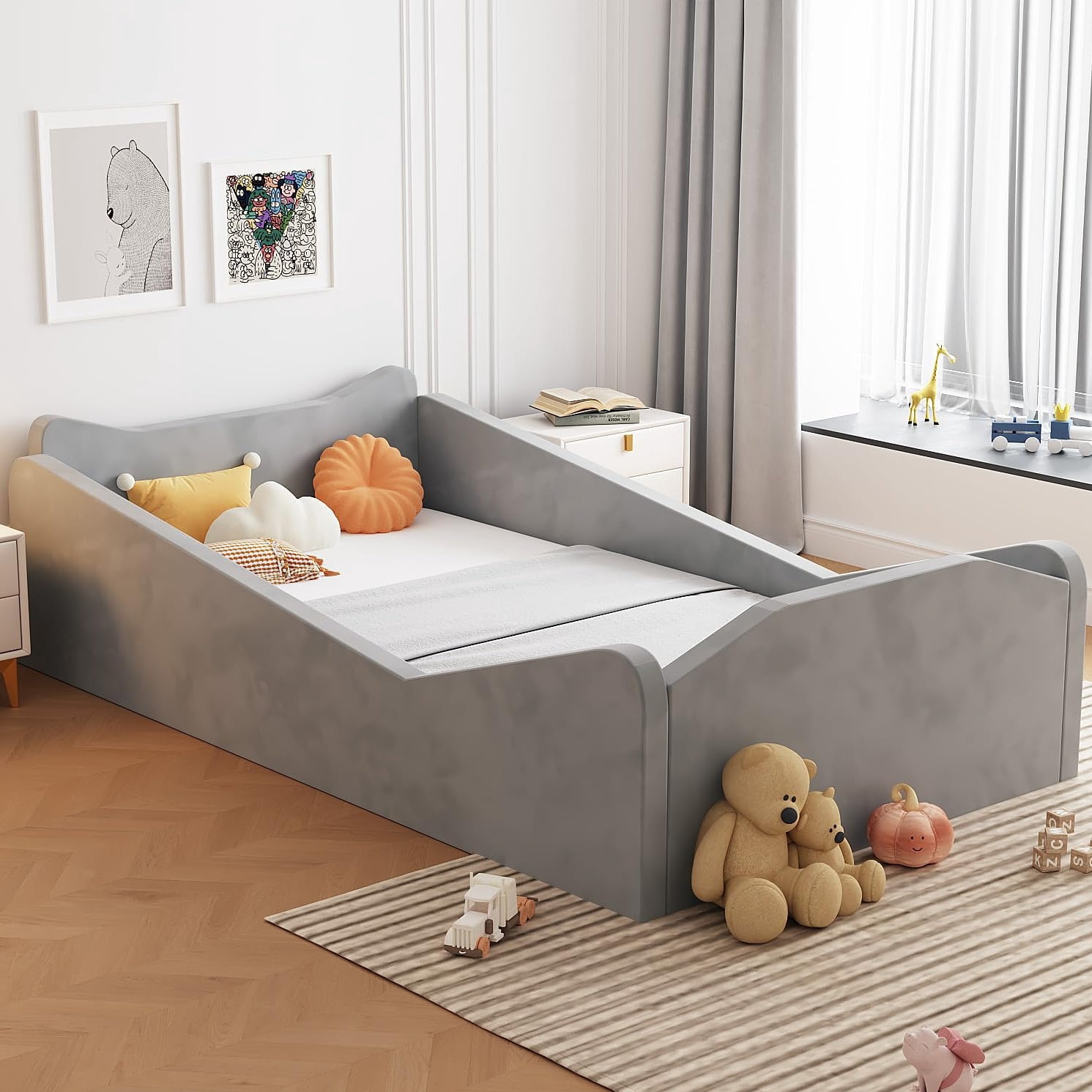 Zimtown Wood Bed, Floor Bed with Safety Guadrail, Montessori Bed with Soft Velvet Wood Bed, Mattress not Included (Gray)