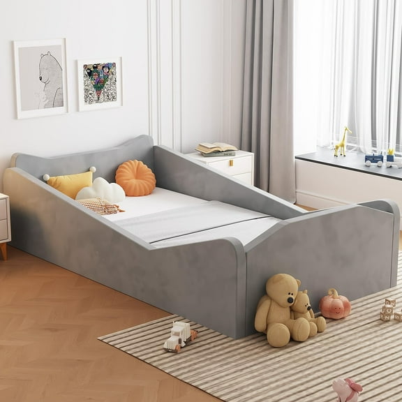 Zimtown Wood Bed, Floor Bed with Safety Guadrail, Montessori Bed with Soft Velvet Wood Bed, Mattress not Included (Gray)