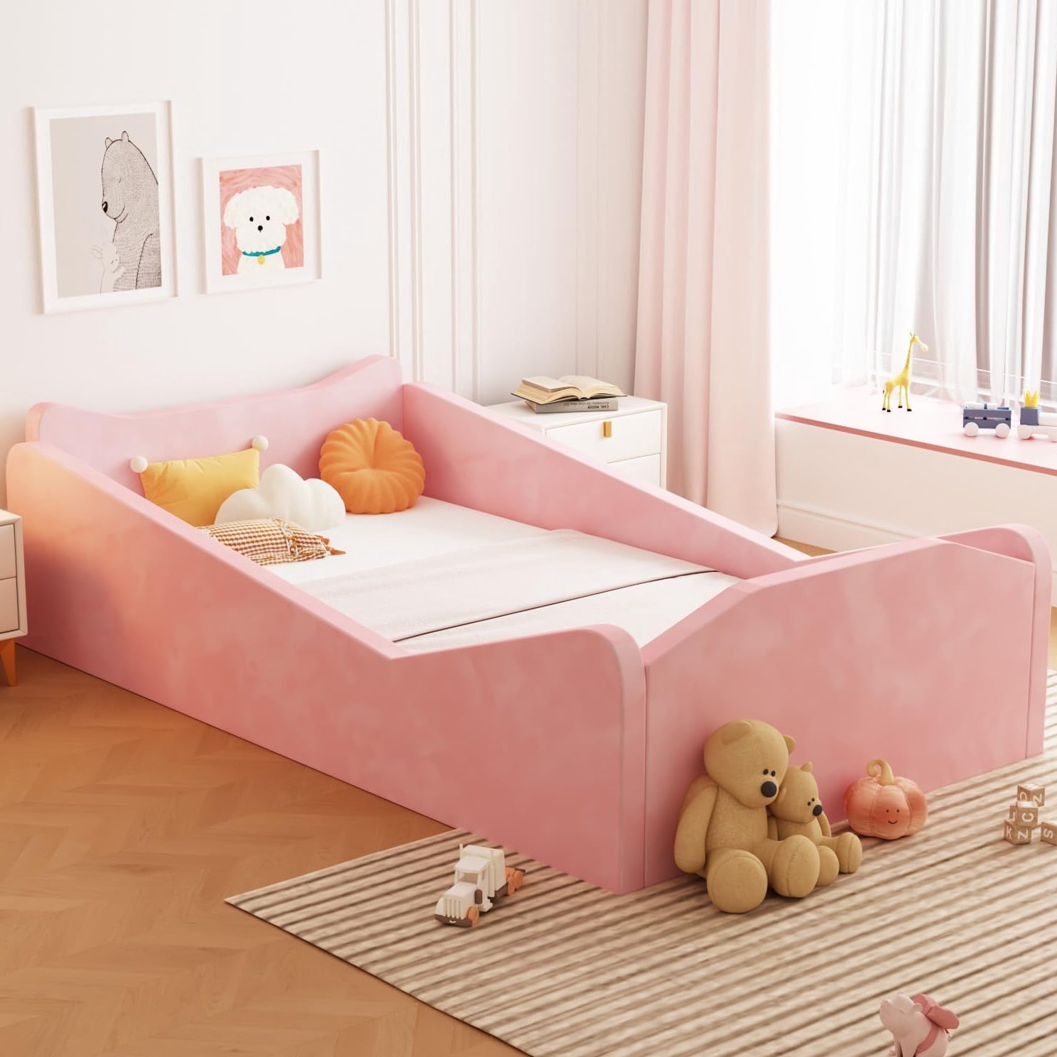 Zimtown Wood Bed, Floor Bed with Safety Guadrail, Montessori Bed with Soft Velvet Wood Bed, Mattress not Included (Pink)