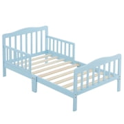 Zimtown Bed Frame, Wood Platform Bed, Classic Sleeping Bedroom Furniture w/Safety Rail Fence Light Blue