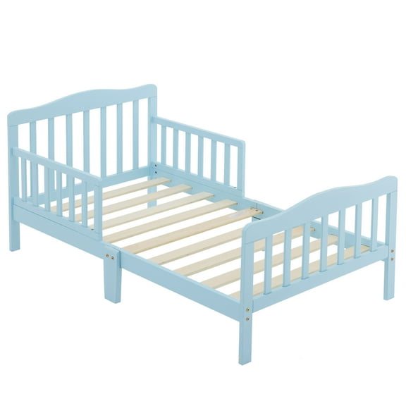 Zimtown Bed Frame, Wood Platform Bed, Classic Sleeping Bedroom Furniture w/Safety Rail Fence (Light Blue)