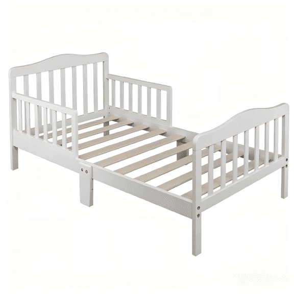 Zimtown Toddler Bed, Wood Kids Bedframe Children Classic Sleeping Bedroom Furniture w/Safety Rail Fence (White)