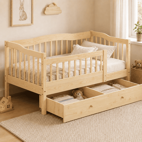 Zimtown Toddler Daybed, Kids Day Bed Frame with Storage Drawer, Children Sleeping Bedroom, Natural