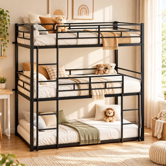 Zimtown Triple Bunk Bed, Twin over Twin over Twin Metal Bed Frame with Guardrails & Ladder, Space Saving for 3 Kids Teens, Black