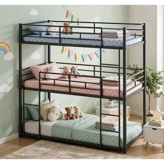 Zimtown Triple Bunk Bed, Twin over Twin over Twin Metal Bed Frame with Guardrails & Ladder, Space Saving for 3 Kids Teens, Black