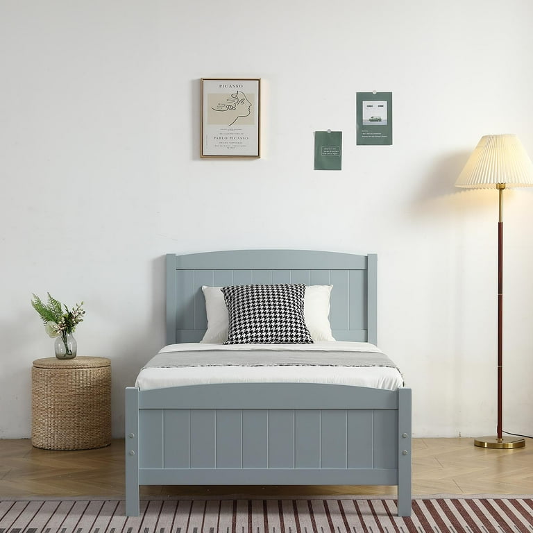 Zimtown Twin Bed Frame Solid Pine Wood Kids Twin Platform Bed Frame Bedroom Twin Bed with Headboard for Adults Gray