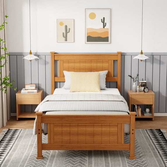 Zimtown Twin Bed Frame,Solid Pine Wood Platform Bed Frame, Bedroom Bed with Headboard, Brown