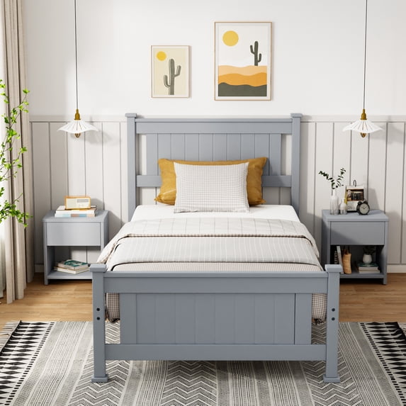 Zimtown Twin Bed Frame,Solid Pine Wood Platform Bed Frame, Bedroom Bed with Headboard, Gray