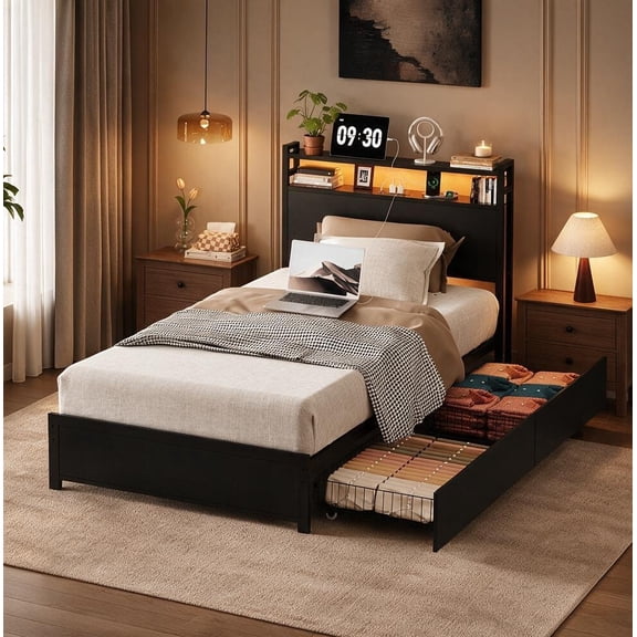 Zimtown Twin Bed Frame with 2-Tier Storage Headboard, Metal Platform Bed Frame with 2 Storage Drawers, Built in Charging Station & LED, Black