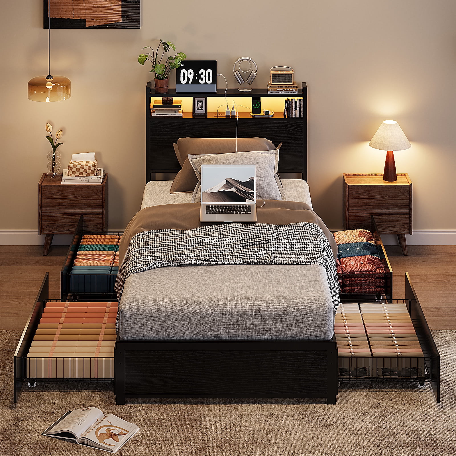 Zimtown Twin Bed Frame with 2-Tier Storage Headboard, Metal Platform Bed Frame with 4 Storage Drawers, Built in Charging Station & LED, Black