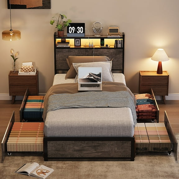 Zimtown Twin Bed Frame with 2-Tier Storage Headboard, Metal Platform Bed Frame with 4 Storage Drawers, Built in Charging Station & LED, Gray