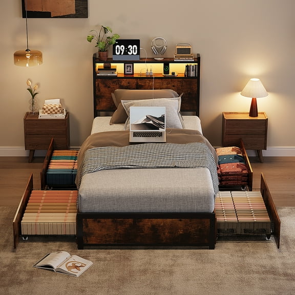 Zimtown Twin Bed Frame with 2-Tier Storage Headboard, Metal Platform Bed Frame with 4 Storage Drawers, Built in Charging Station & LED, Vintage Brown