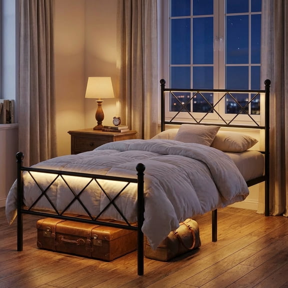 Zimtown Twin Bed Frame with Smart LED Light, Metal Platform Bed with Charging Station, Black